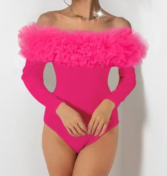 Hot-pink off-shoulder bodysuit with ruffled puff sleeves and high-cut leg