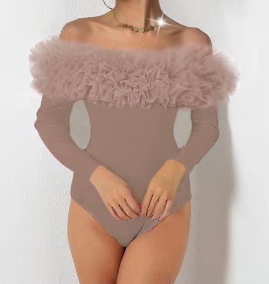 Khaki off-shoulder bodysuit with ruffled puff sleeves and high-cut leg