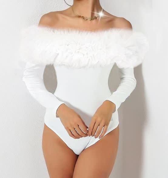 White off-shoulder bodysuit with ruffled puff sleeves and high-cut leg