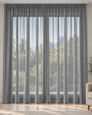 Grey sheer curtains with textured hook-top header, gathered top and vertical panels