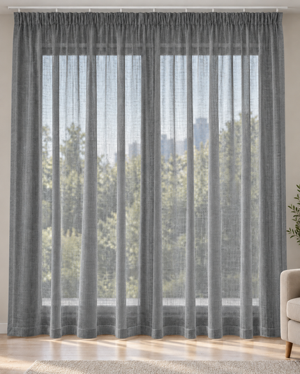 Grey sheer curtains with textured hook-top header, gathered top and vertical panels