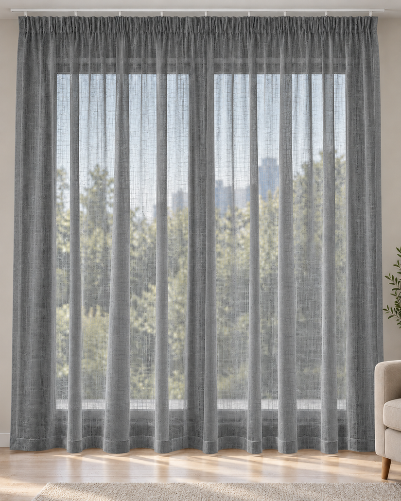 Grey sheer curtains with textured hook-top header, gathered top and vertical panels