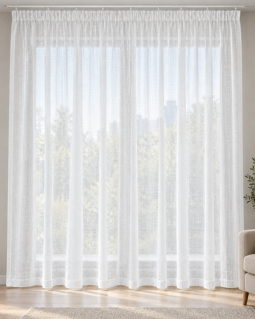 White sheer curtains with textured hook-top header, gathered top and vertical panels