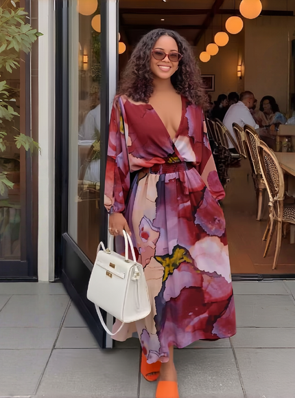 Floral maxi dress with deep V neckline, long sleeves, gathered waist and multicolor print