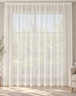 Beige sheer curtain with vertical woven stripes, gathered top, and subtle hem band