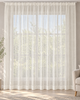 Beige sheer curtain with vertical woven stripes, gathered top, and subtle hem band