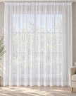 White sheer curtain with vertical woven stripes, gathered top, and subtle hem band