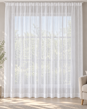 White sheer curtain with vertical woven stripes, gathered top, and subtle hem band