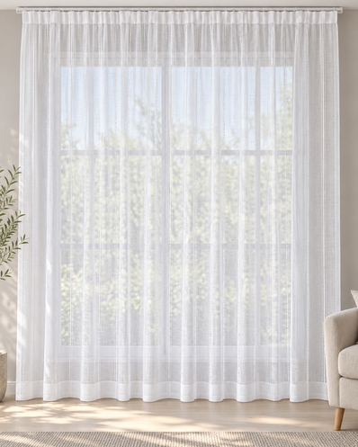 White sheer curtain with vertical woven stripes, gathered top, and subtle hem band