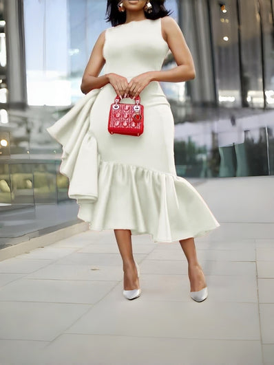 Ivory glitter sleeveless asymmetrical midi dress with ruffled tiered skirt