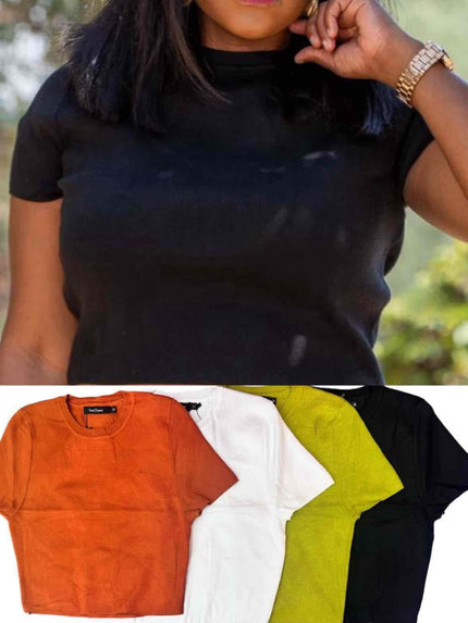 Knit crew neck top set: black, orange, white, and yellow short-sleeve tops
