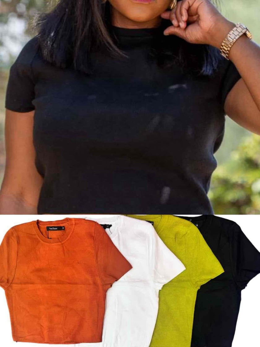 Knit crew neck top set: black, orange, white, and yellow short-sleeve tops