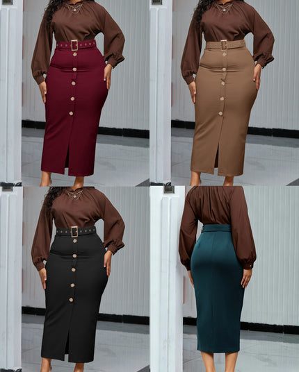 Belted high-waist slit midi skirt with button-front and fitted pencil silhouette