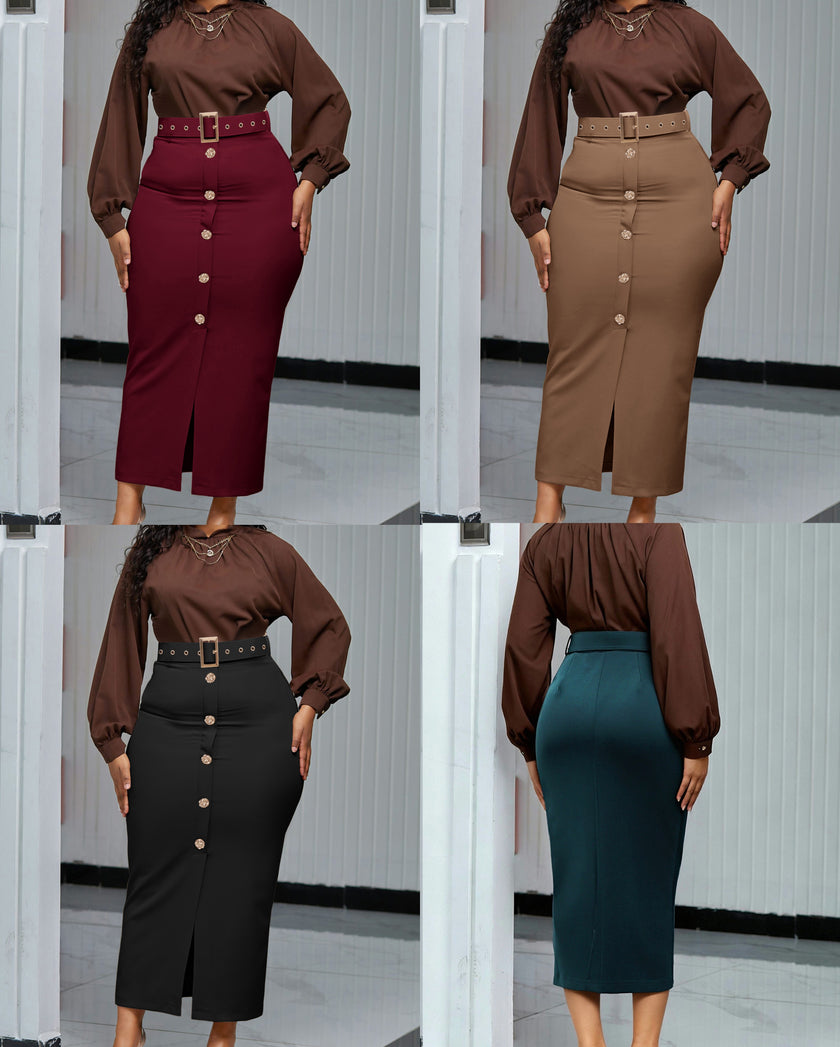Belted high-waist slit midi skirt with button-front and fitted pencil silhouette