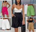 High waist stretch shorts, black/white/khaki/pink/green views.