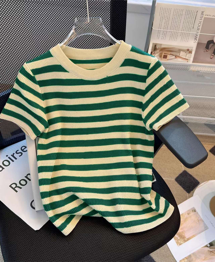 Striped knit top on hanger, green and cream horizontal stripe crewneck