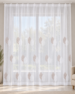 White sheer rod-pocket curtain with embroidered beige leaf motifs in rows