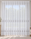 White sheer curtain with gray embroidered floral and loop patterns in horizontal bands