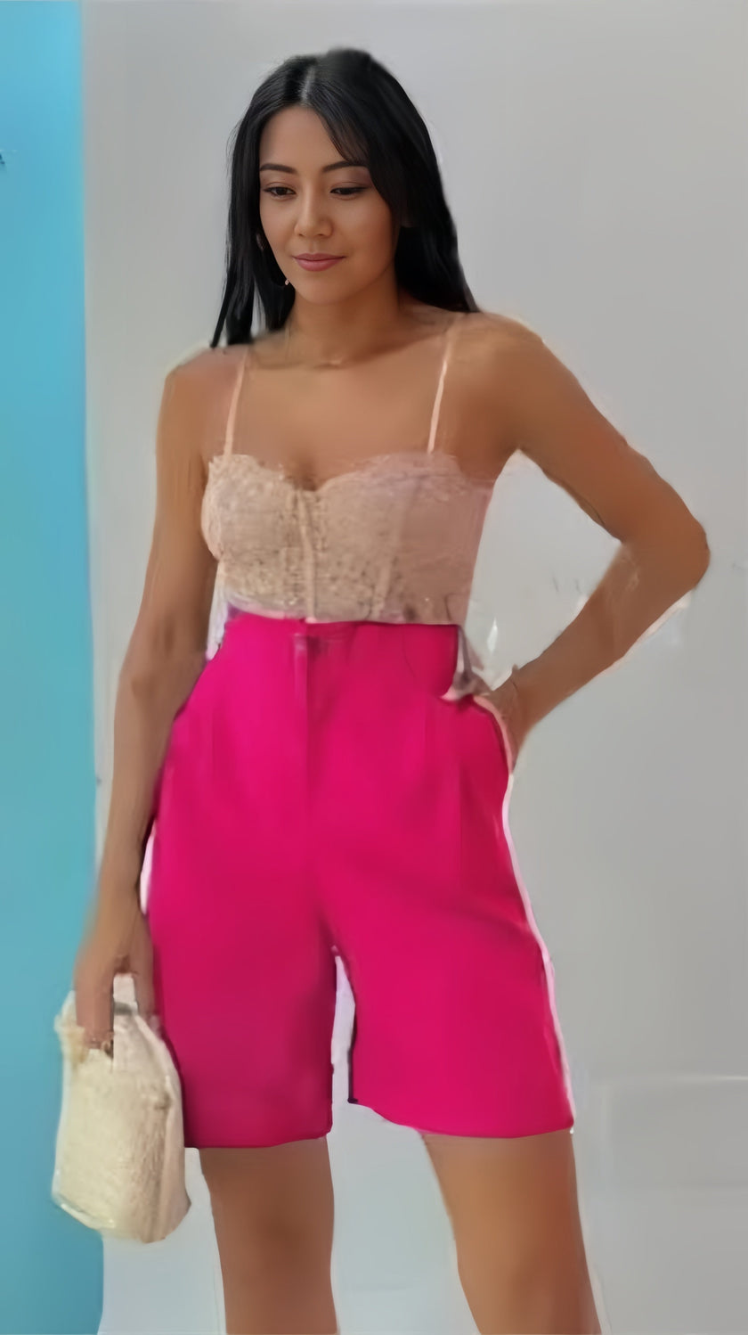 High waist stretch shorts, deep pink, wide waistband with pleats.