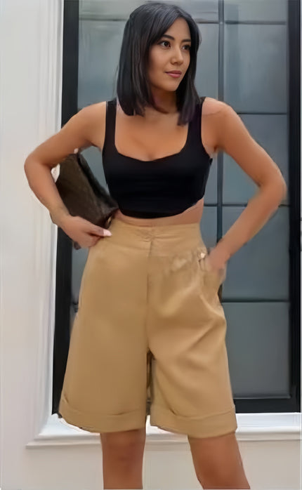 Tan high waist shorts with stretch waistband and pleated front