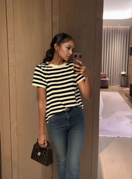 Top Round Neck Short Sleeve Stripe Knit Chic Casual