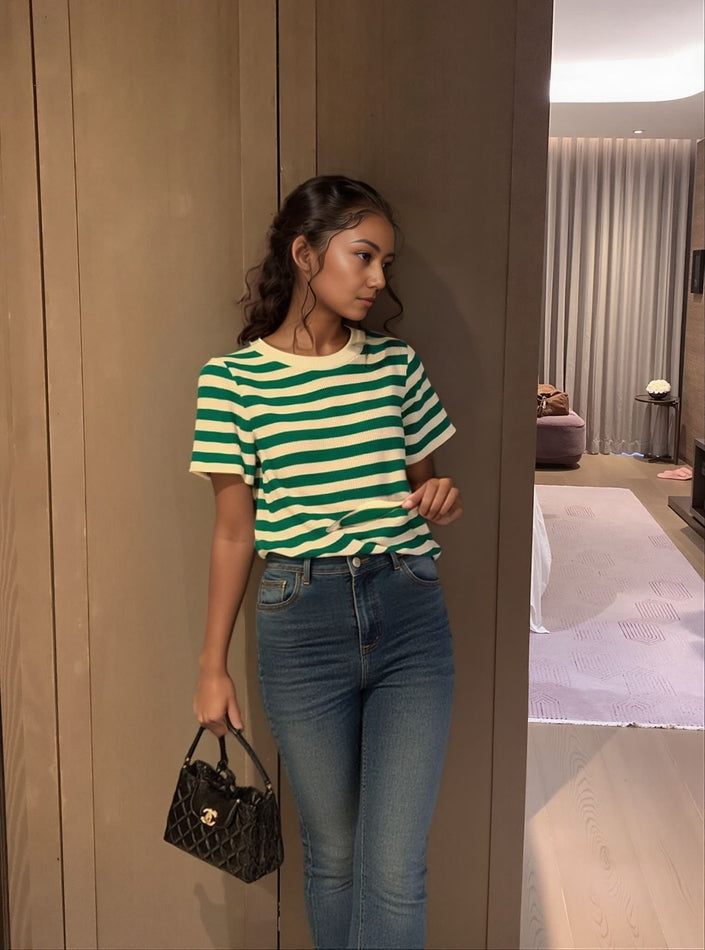 Striped knit top with short sleeves, green and cream horizontal stripes