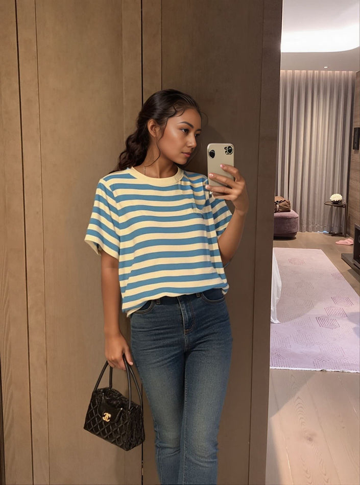 Striped knit top with short sleeves, light blue and cream horizontal stripes