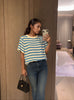 Round Neck Short Sleeve  Striped Knitted Top