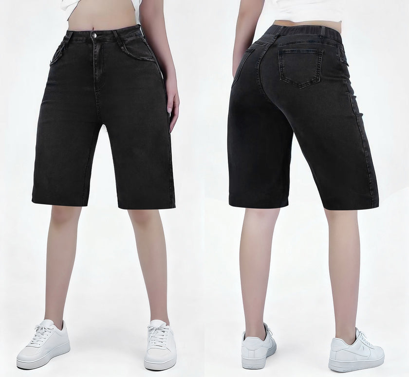High-waist knee-length urban casual shorts, black denim, button front and side pockets.
