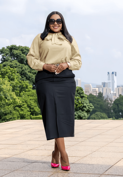 Beige bow-tie neck long-sleeve blouse with ruffled collar