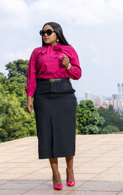 Maroon bow-tie neck long-sleeve blouse, gathered at the shoulders