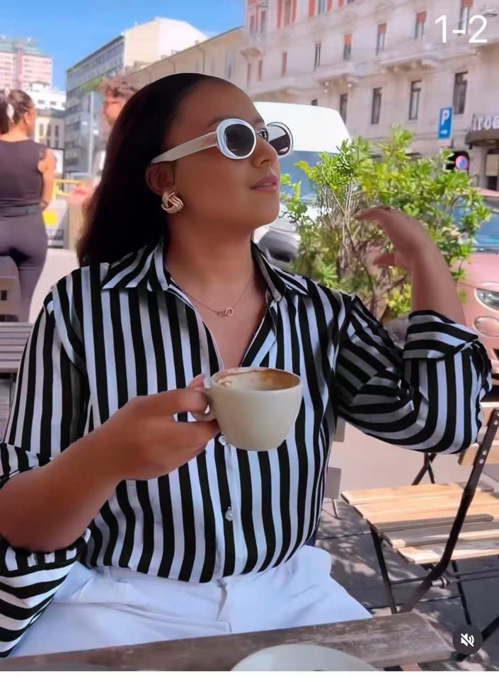 Black-and-white striped long-sleeve button shirt