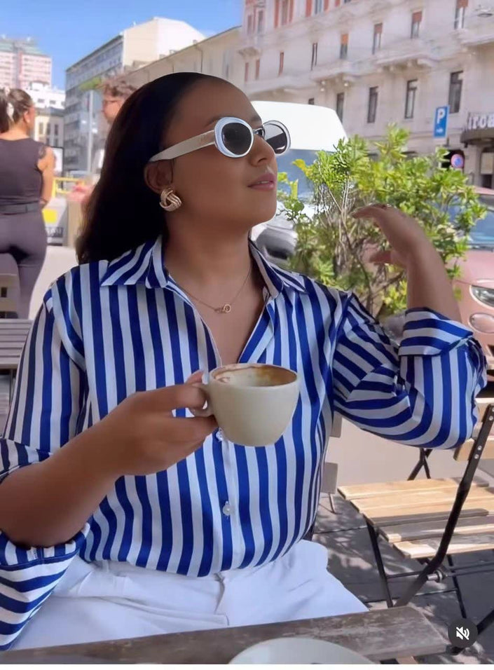 Blue-and-white striped long-sleeve button shirt