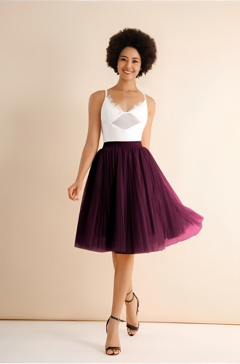 Maroon pleated midi skirt with stretch waistband, flared A-line silhouette