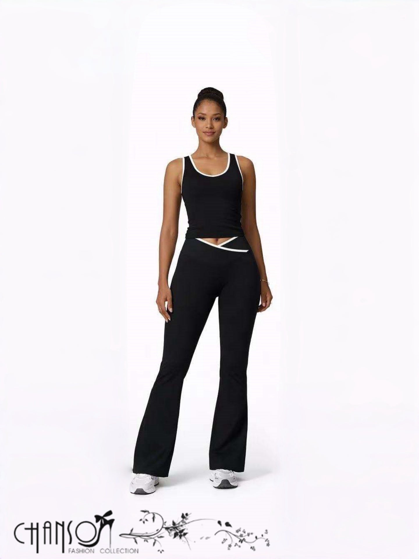 Women Active 2 Piece Set Contrast Trim Crossover Waist For Gym Daily Outing