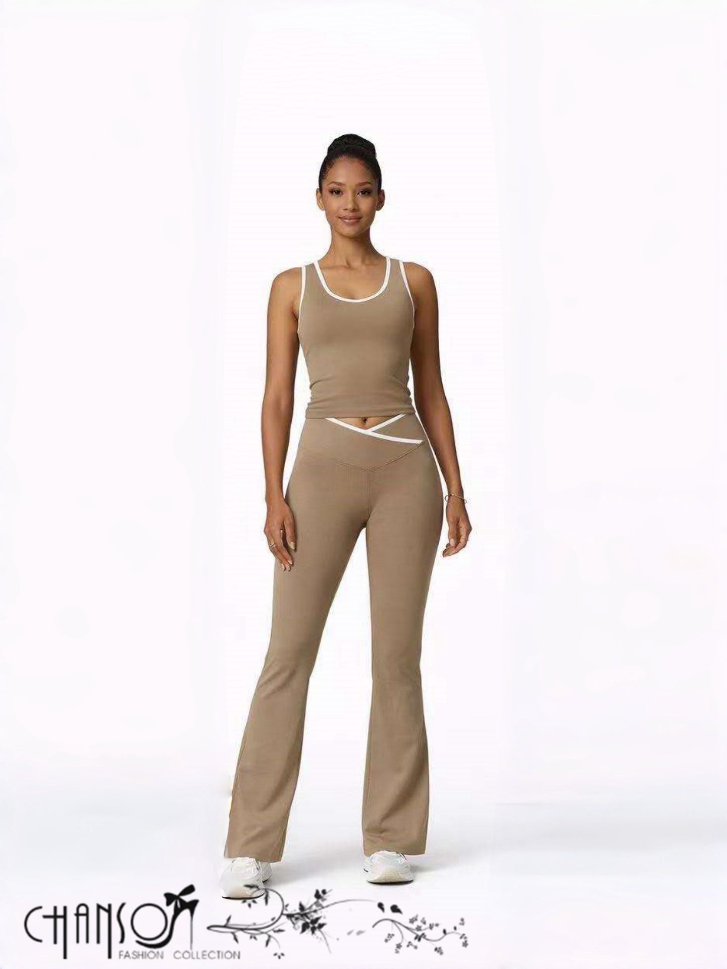 Women Active 2 Piece Set Contrast Trim Crossover Waist For Gym Daily Outing