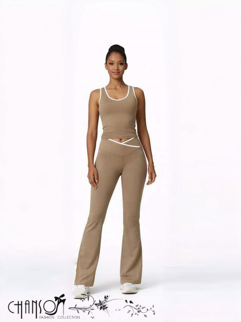 Women Active 2 Piece Set Contrast Trim Crossover Waist For Gym Daily Outing