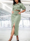 Olive-green button-up shirt and midi skirt set with side slit, short sleeves