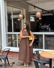 Chocolate sleeveless midi dress, round neck, high waist, loose A-line, textured embossed