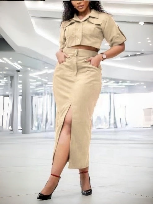Beige button-up shirt and midi skirt set with side slit, short sleeves