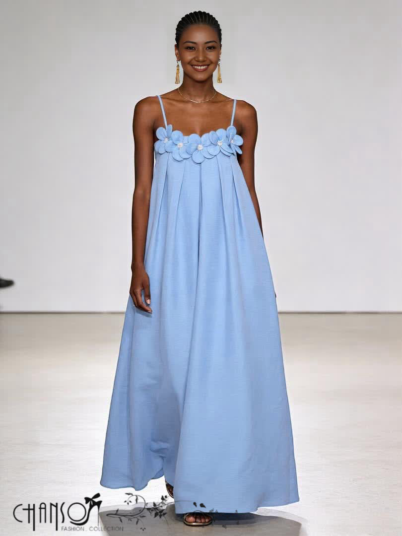 Spaghetti Strap Maxi Dress Floral Applique