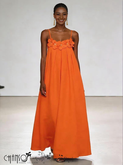 orange spaghetti strap maxi dress with layered floral applique at the neckline