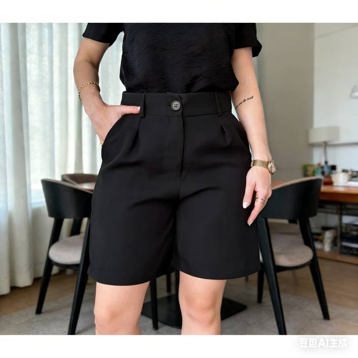 Black high-waist pleated shorts with button waistband