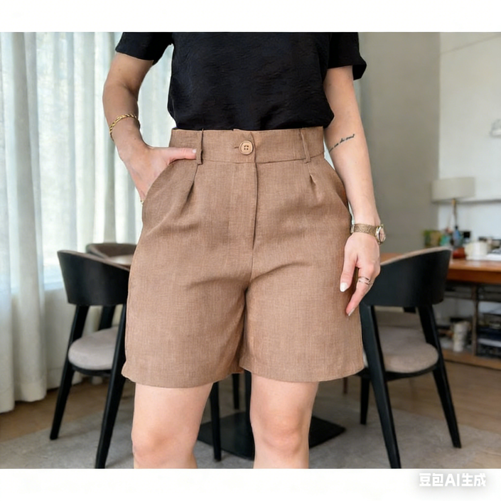 Tan high-waist pleated shorts with button waistband