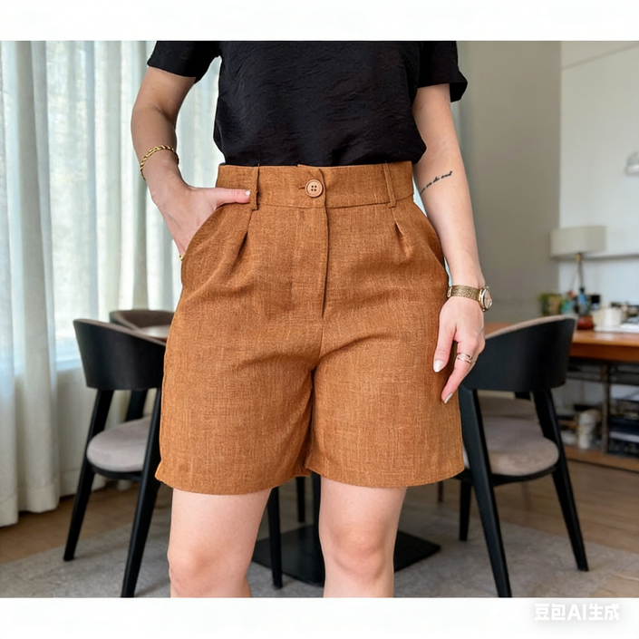 Brown high-waist pleated shorts with button waistband