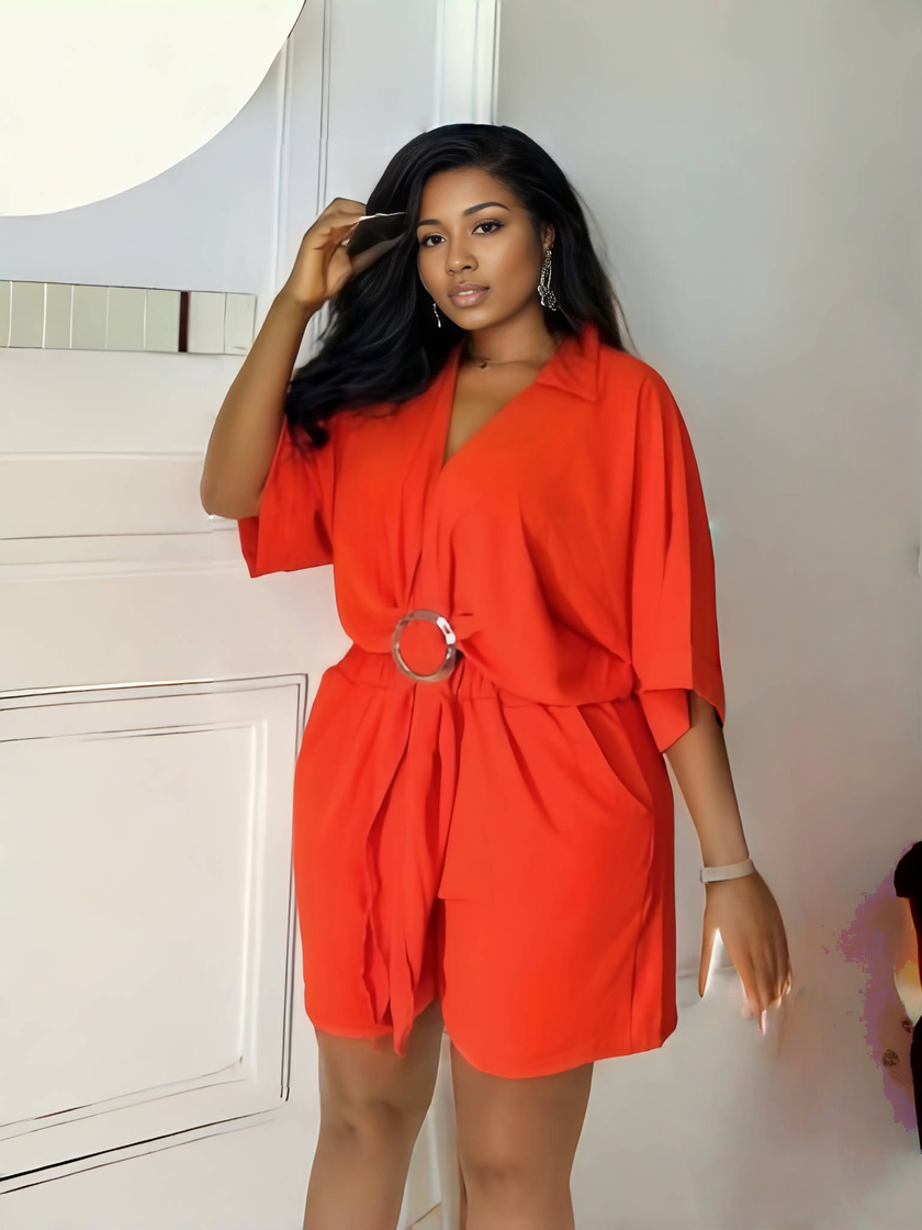 Orange-red V-neck tie-waist short set with ring belt and elastic waistband