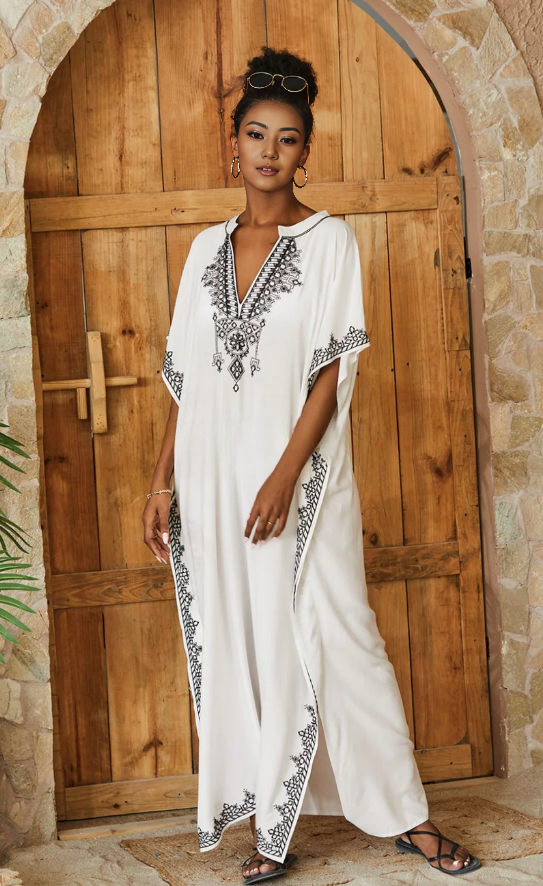 Plus size embroidered maxi dress with V neckline, loose fit, white with black trim