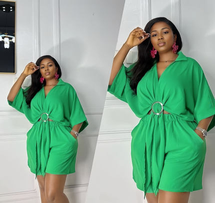 Forest-green ring-knot belted tunic set with elastic-waist shorts