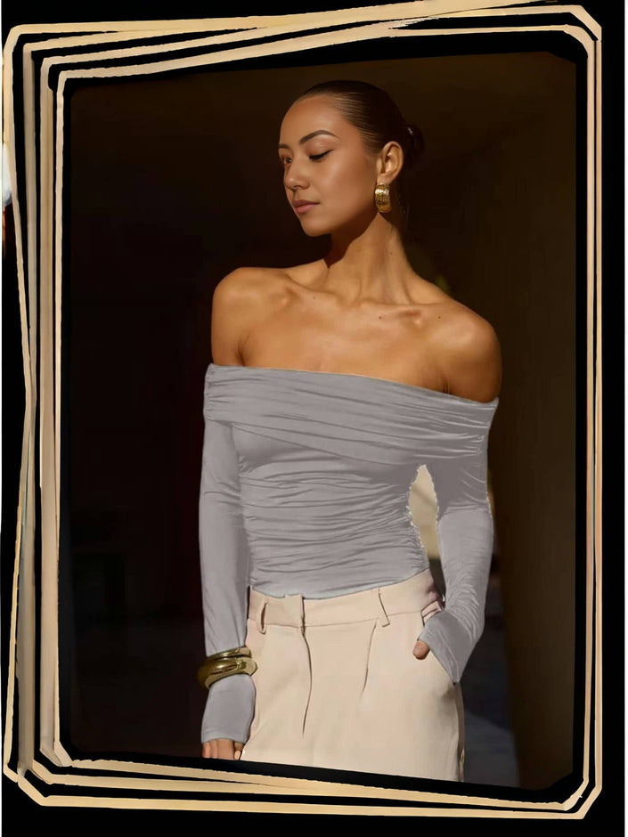 Light gray off-shoulder ruched long-sleeve top with gathered neckline