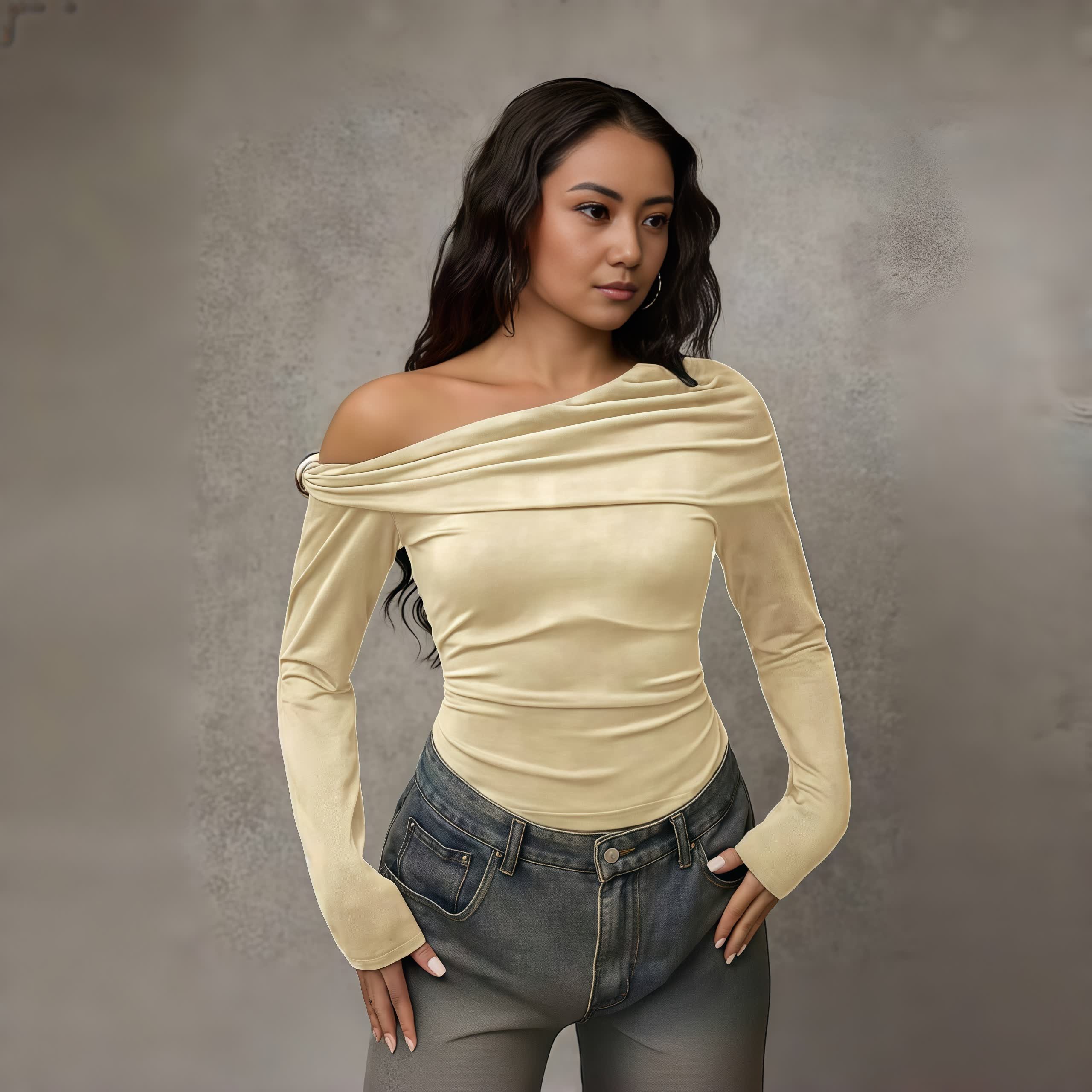 Women's Off-Shoulder Ruched Long-Sleeve Top